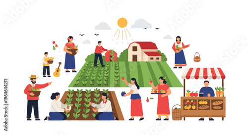 Vibrant Rural Farm Life Illustration: Community Harvesting Fresh Produce and Local Market Sales on a Sunny Day