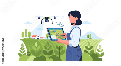 Woman Farmer Using Drone and Tablet for Smart Agriculture. Precision Farming Technology for Crop Monitoring and Data-Driven Farm Management.