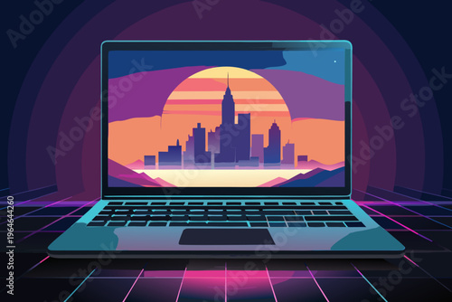 Laptop displaying sunset city skyline on neon grid surface
