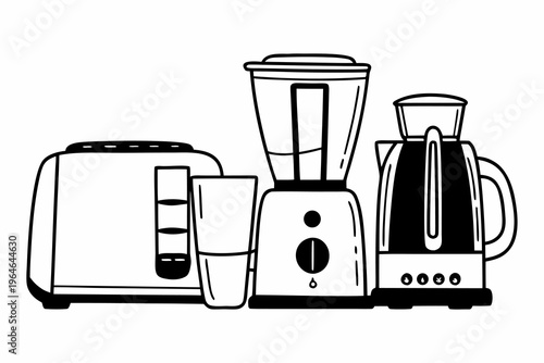 Toaster blender and drip coffee maker lined up on white