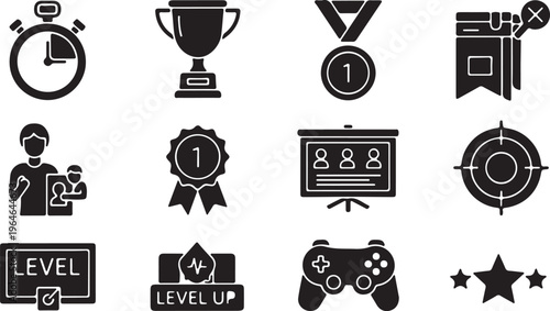 Gamification icon set with 12 black solid vector elements, achievement and reward symbols for gaming apps, business competition and progress tracking icons isolated PNG with Transparent