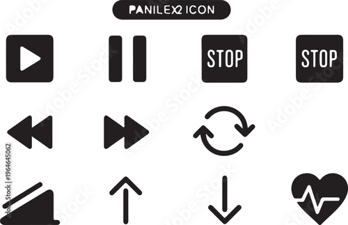 Minimalist multimedia player icon set, black vector media control symbols, play pause stop and navigation buttons for interface design isolated PNG with Transparent Background