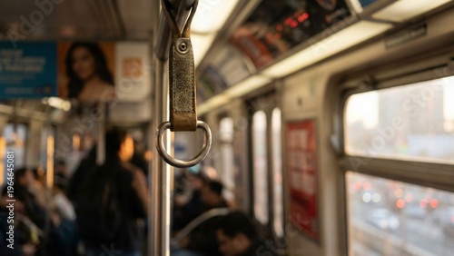 Handle Strap for Standing Passengers on a Moving Subway Car with Blurry Background