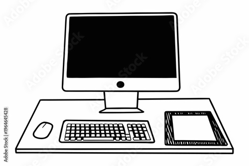 Desk computer with keyboard mouse and drawing tablet layout