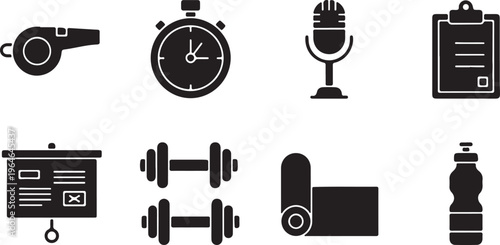 Fitness and sports coaching icon set, black solid vector symbols for gym training, workout equipment and athletic competition elements isolated PNG with Transparent Background