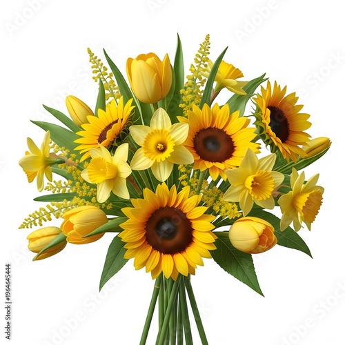 Beautiful bouquet of sunflowers and daisies isolated on transparent background