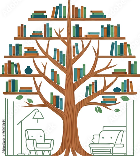 Whimsical tree shaped bookshelf brimming with colorful books, creating a warm and inviting literary haven for quiet contemplation and educational pursuits.