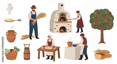 Farm to Table Food Production Illustration: Rustic Life, Traditional Farming, Baking, Harvested Crops, and Fresh Ingredients