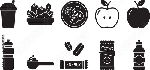 Healthy fitness nutrition icons set, 10 black vector elements for sports diet and wellness, protein supplements and organic food symbols for gym lifestyle isolated PNG with Transparent Background