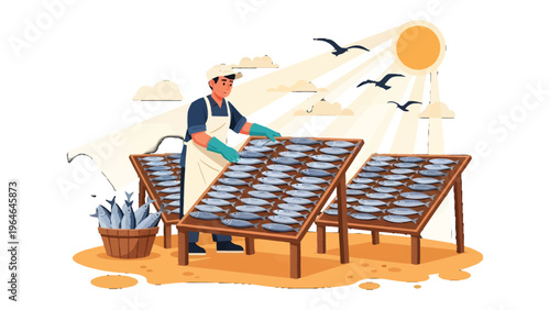 Fish drying: a person working on drying fish under the sun to keep its freshness