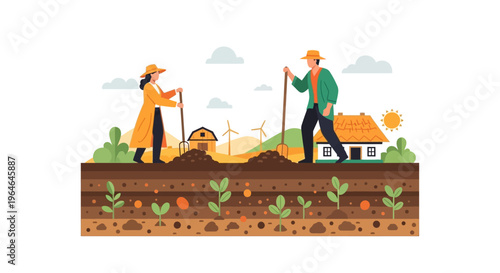 Farmers Working on Sustainable Farm Illustration: Couple Cultivating Land with Sprouts, Barn, Wind Turbines, and Farmhouse