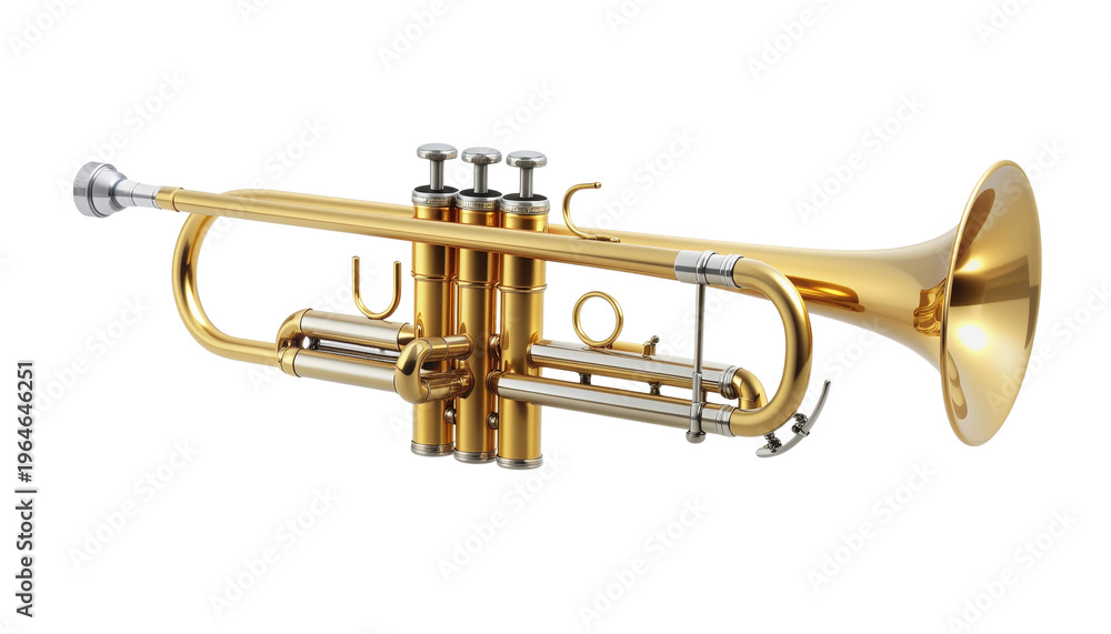 Obraz premium Shiny golden brass trumpet musical instrument with valves and mouthpiece isolated on a white background for jazz band or classical orchestra music