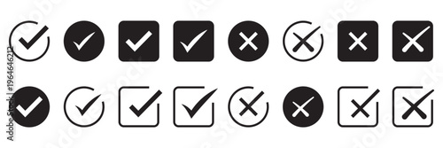 Green Checkmark and Red Cross Icons Set in Circle and Square Frames – Approval and Rejection Symbols Vector Collection
