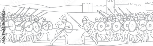 Detailed black and white line drawing of an intense historical battle featuring two formidable armies of ancient warriors engaging in a dramatic clash of spears and swords.