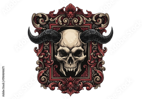 Intricate Horned Demon Skull in Ornate Gothic Baroque Frame - Dark Fantasy Illustration