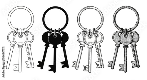 Collection of Antique and Modern Keys on Keychains, Graphic Illustration in Black and White and Silhouette