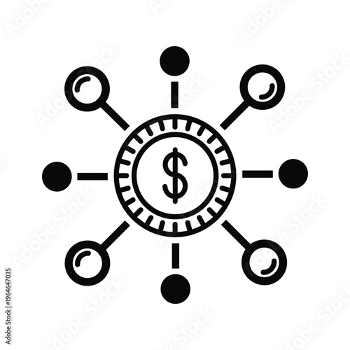 Central dollar sign connected to various symbols representing financial networks and interconnected economic elements