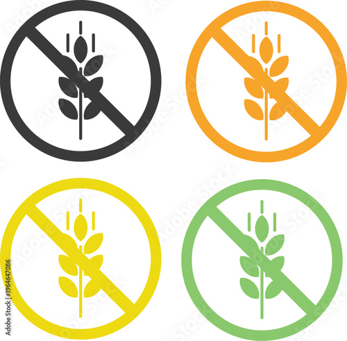 Collection of gluten free icons featuring no wheat symbols in black, orange, yellow, and green on white background