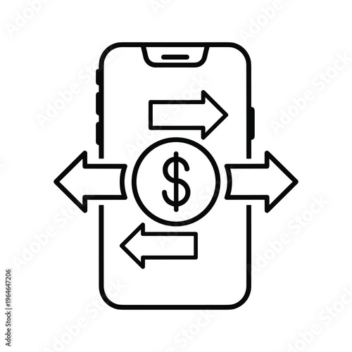 Digital payment interface displayed on a smartphone with circular money symbol and directional arrows indicating transactions