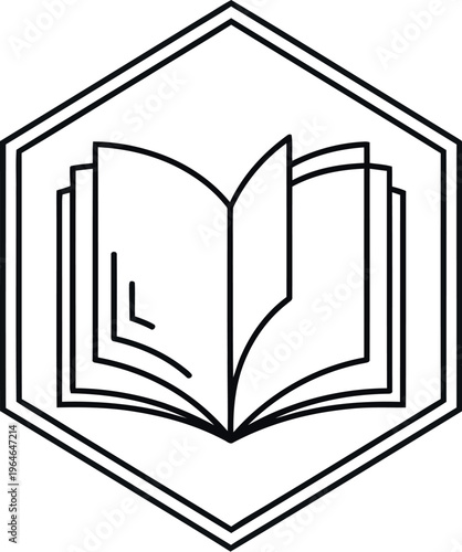Minimalist black and white line art icon representing an open book enclosed within a stylized hexagonal badge emblem perfect for education design.
