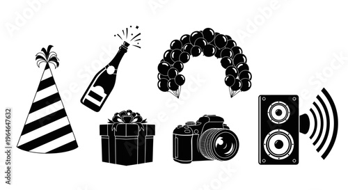 Essential Collection of Celebration and Party Icons, Featuring Festive Elements like Champagne, Balloons, Gifts, Camera, and Speaker for Events