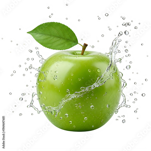Fresh green apple with water splash isolated on transparent background