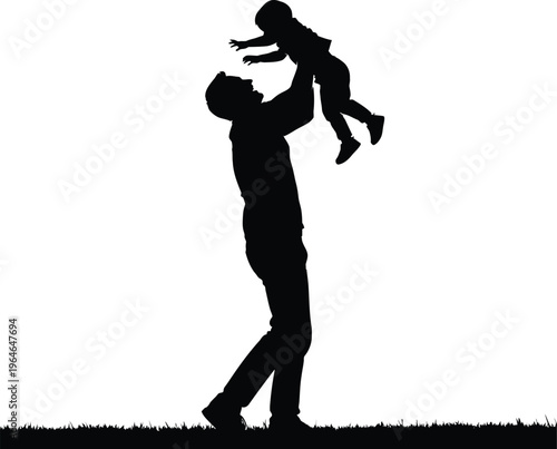 A silhouette depicts a loving father playfully lifting his young child high into the air creating a heartwarming moment