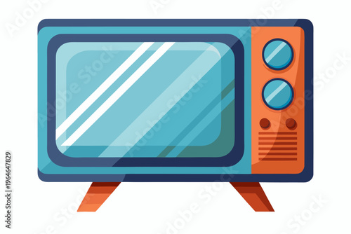 Blue vintage television set angled on white background studio