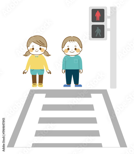 赤信号の横断歩道で待つ男の子と女の子のイラスト(正面)
