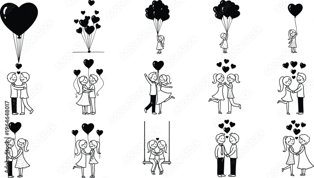 Fototapeta premium Hand drawn doodle love couple set featuring romantic hearts balloons relationship icons for Valentines Day wedding invitation and card design.