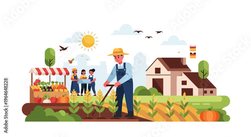 Happy Farmers Cultivating and Harvesting Organic Produce for Sale at a Lively Local Market - Sustainable Agriculture Illustration