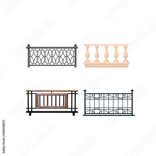 Set of balcony wrought iron and wood design on white background