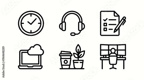 Essential black line icons for office productivity featuring clock, communication headsets, and organized workspace elements.