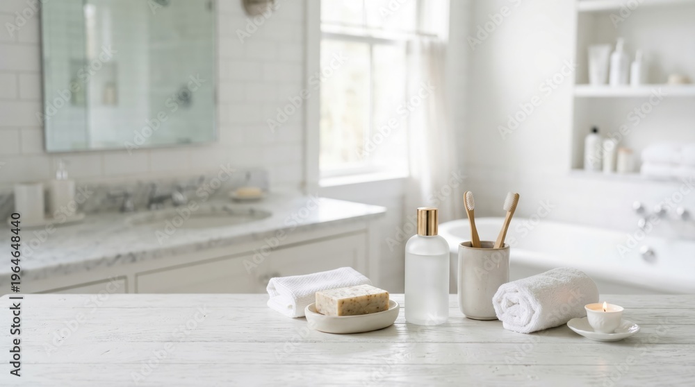 Fototapeta premium Minimalist White Bathroom with Natural Toiletries and Candle for Wellness Lifestyle