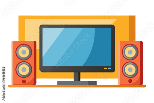 Flat screen monitor with stereo speakers on white background