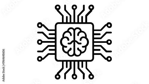 Artificial Intelligence AI Processor Vector Icon Illustration Featuring a Human Brain Inside a Microchip with Circuit Board Lines, Symbolizing Machine Learning and Neural Networks.