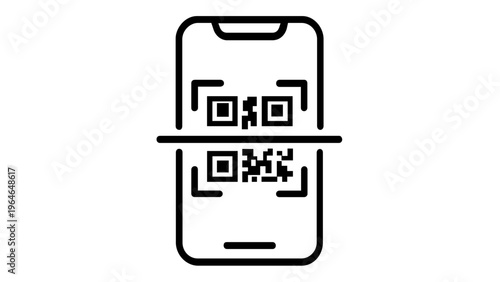 Minimalist vector illustration of a smartphone scanning a QR code with a horizontal laser line, representing digital technology, mobile payments, and quick response data access for modern apps.