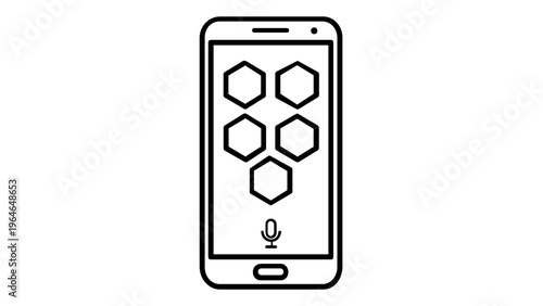 Minimalist vector illustration of a smartphone featuring a voice assistant interface with a microphone icon and hexagonal app tiles, ideal for technology, AI, and digital communication concepts.