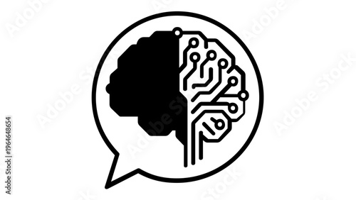 Artificial intelligence brain vector icon illustration featuring a digital circuit board pattern inside a speech bubble. Minimalist flat design for machine learning and smart communication tech.