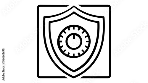 Vector icon illustration of a security shield featuring a combination lock dial, symbolizing cybersecurity, data protection, digital privacy, and safety in a minimalist flat line art style.