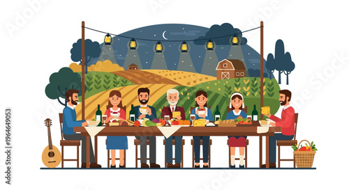 Outdoor evening dinner with family and friends on a charming farm, celebrating with food and drinks under string lights. Rural community gathering illustration.