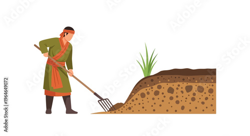 Traditional Farmer Tilling Soil with Pitchfork: Manual Agriculture and Earth Preparation for Planting, Vector Illustration