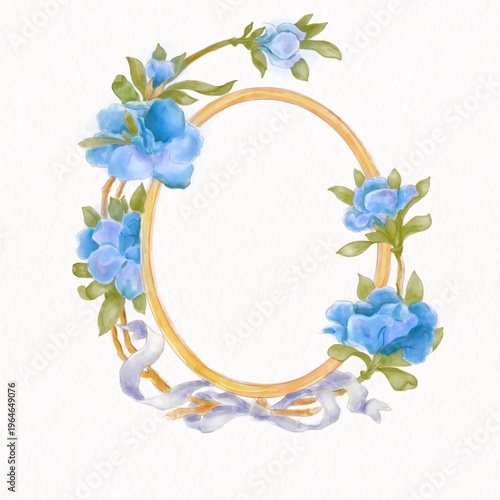 Watercolor Blue flower frame on textured paper. Elegant botanical wreath with ribbon, vintage style