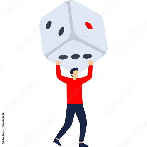 Business concept illustration of businessman lifting a giant dices, unpredictable, taking risk, speculation concept

