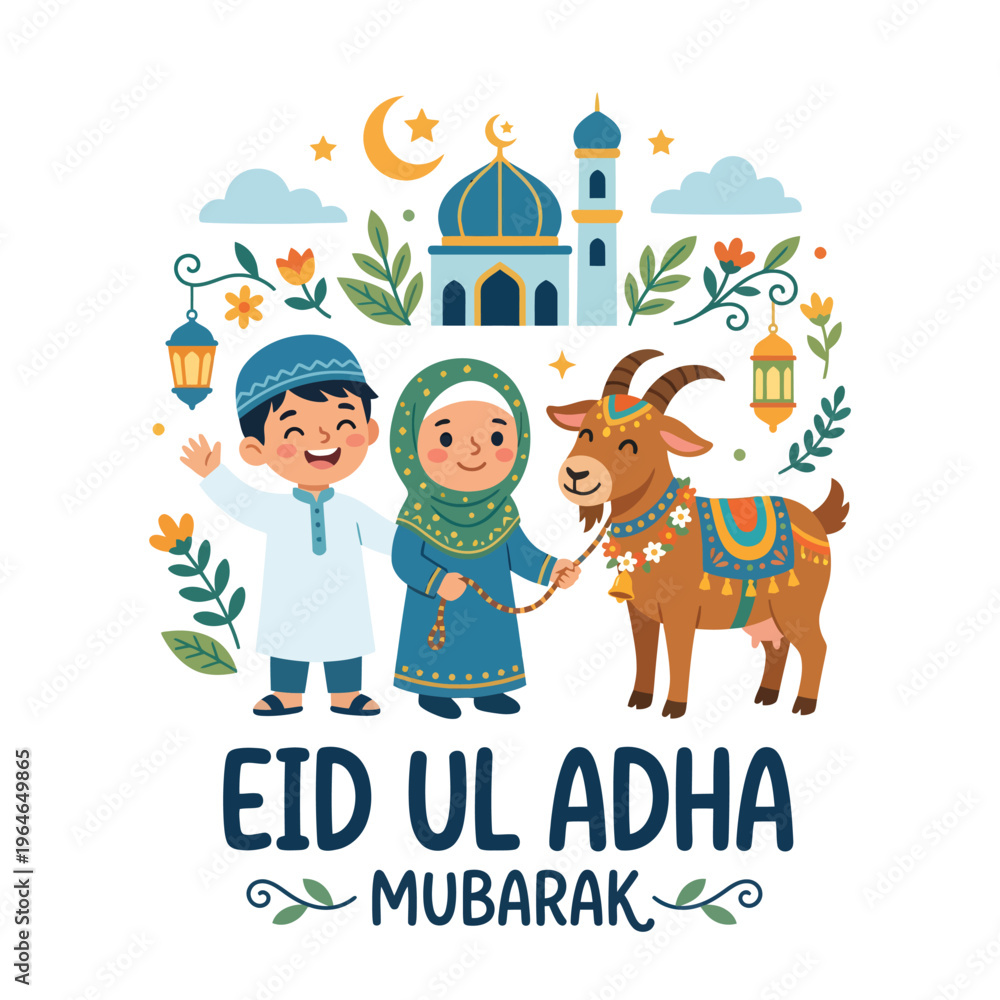 Naklejka premium Children with goat and islamic symbols eid ul adha mubarak muslim holiday