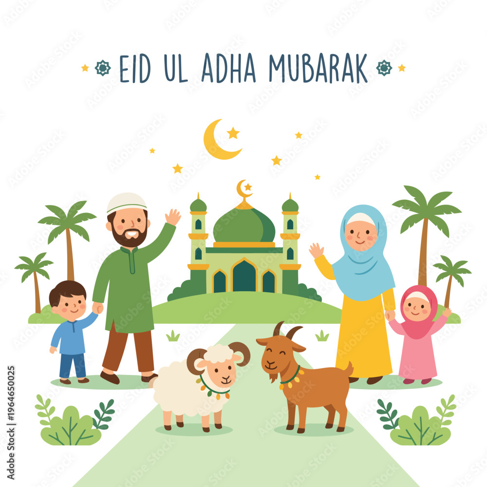 Naklejka premium Muslim family and animals celebrate eid ul adha with mosque and palm trees