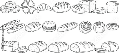 Bakery bread and pastry set line art collection croissant donut loaf baguette bun food outline doodle vector illustration pack
