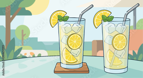 Two glasses of lemonade with ice and straws on a table outdoors in summer