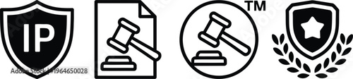 Intellectual property icons set including shield, gavel and trademark symbol