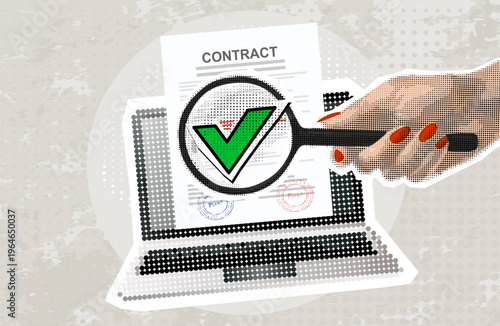 Trendy halftone collage. Contract review process.Concept of discussing a contract, scrutinizing, approved. 